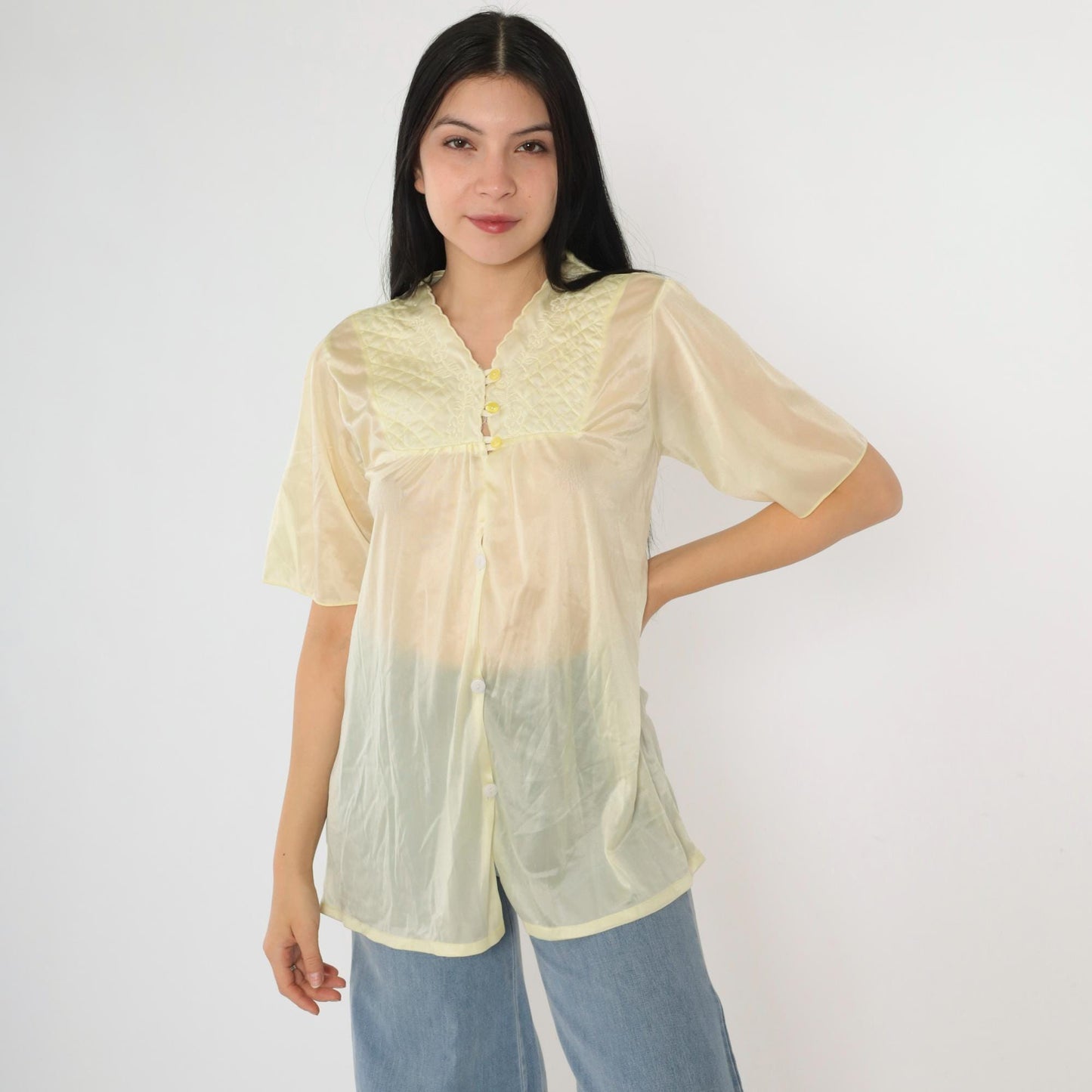 80s Yellow Sheer Nylon Pajama Top Floral Embroidered Quilted Yoke Button Up Small Medium