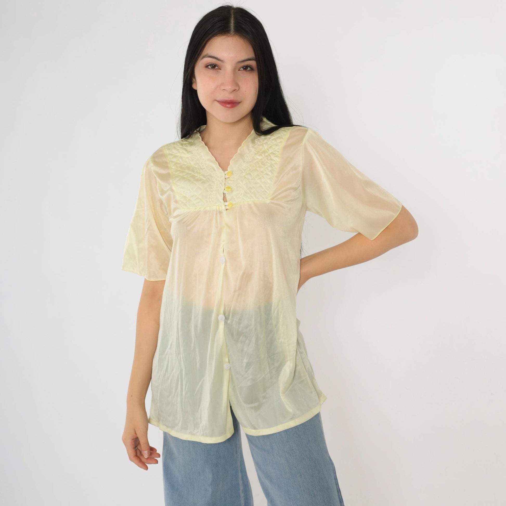 80s Yellow Sheer Nylon Pajama Top Floral Embroidered Quilted Yoke Button Up Small Medium
