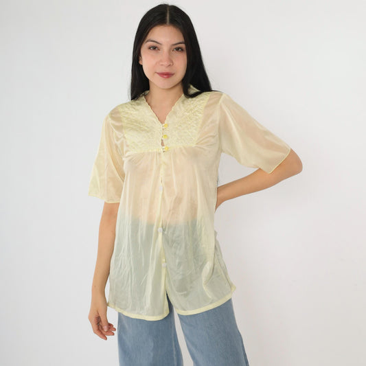 80s Yellow Sheer Nylon Pajama Top Floral Embroidered Quilted Yoke Button Up Small Medium
