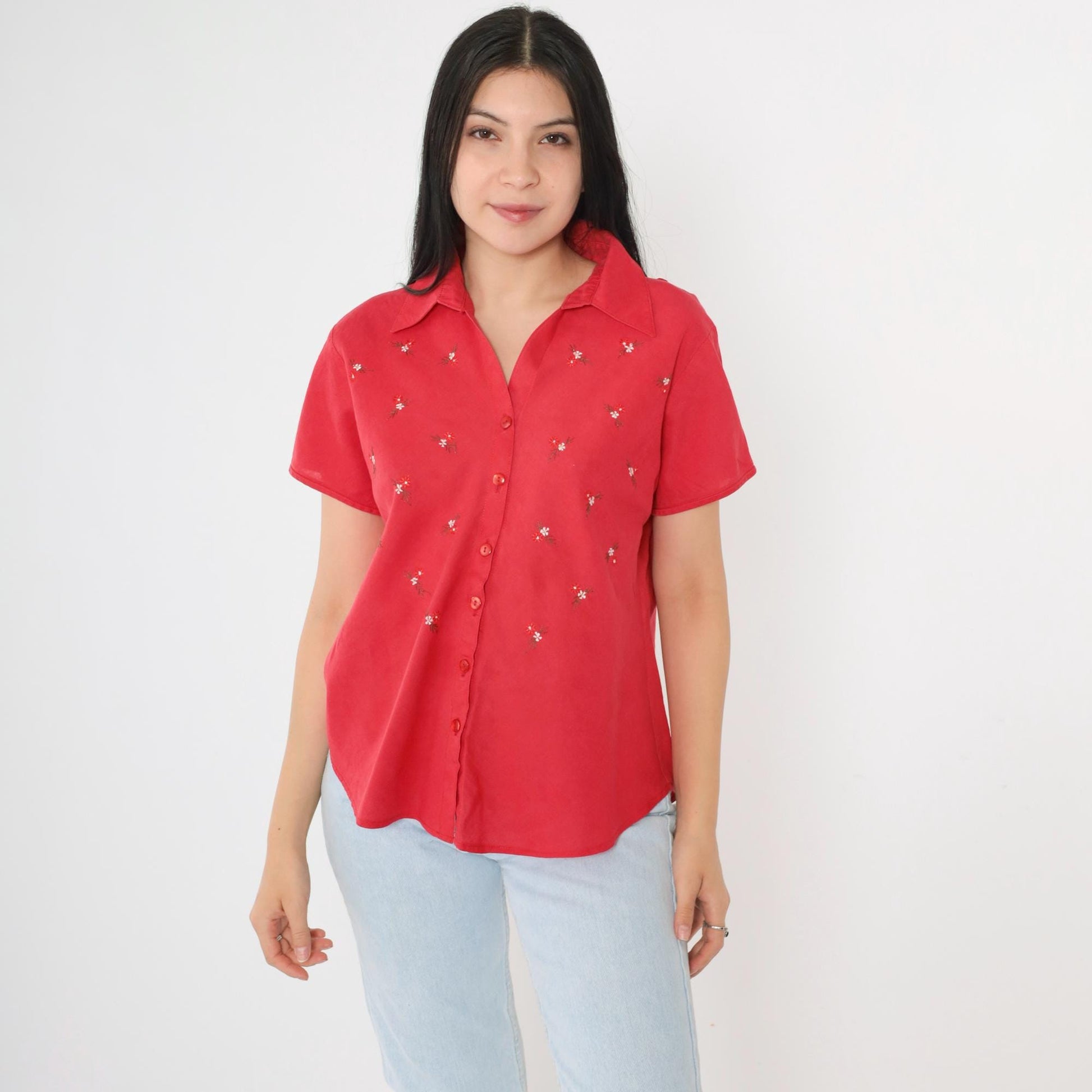 Banana Republic 90s Red Floral Embroidered Button-Up Blouse Short Sleeve Large L