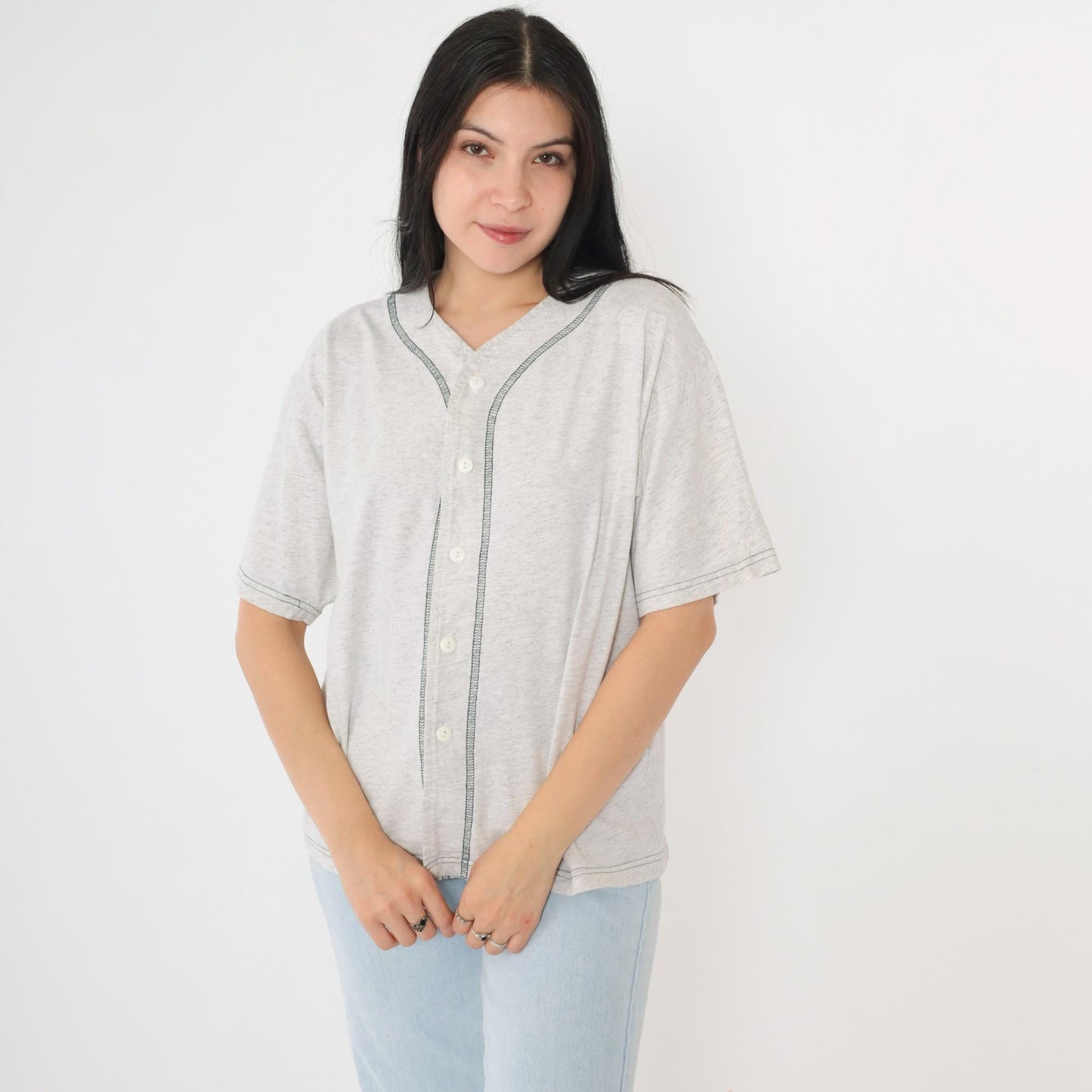 90s Lynne Designs Baseball Button-Up Shirt Grey Cotton Short Sleeve Medium