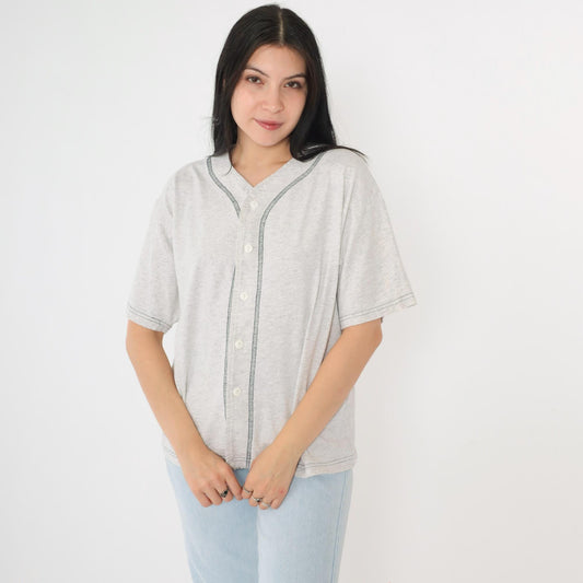 90s Lynne Designs Baseball Button-Up Shirt Grey Cotton Short Sleeve Medium