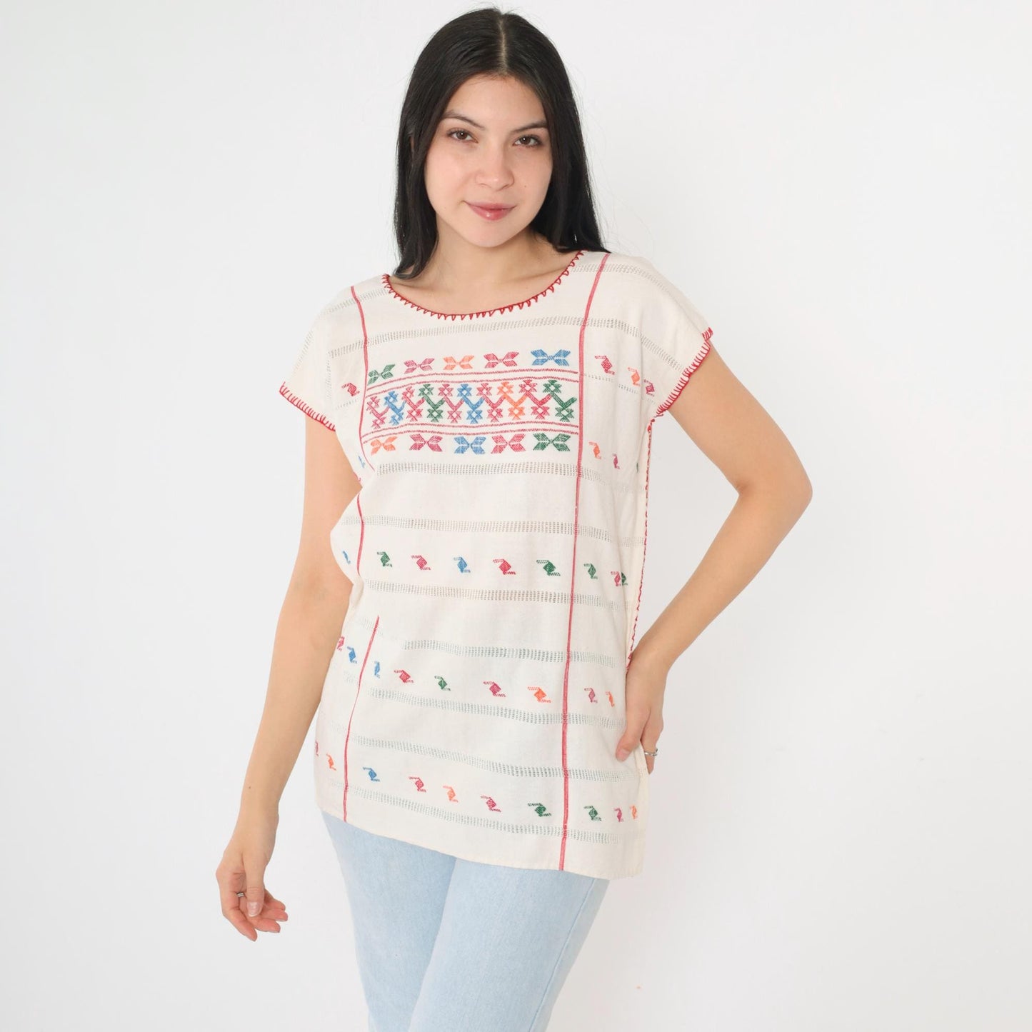 90s Mexican Embroidered Blouse Cream Geometric Cutwork Tunic Small