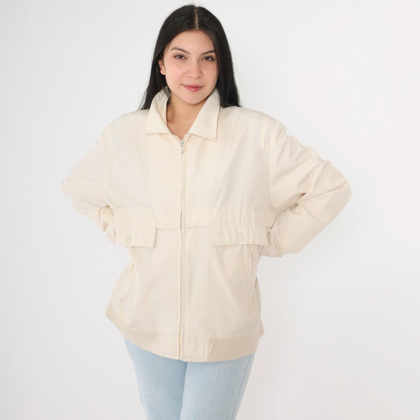 80s Christopher Rand Cream Windbreaker Jacket Plaid Lined Knit Cuff Medium