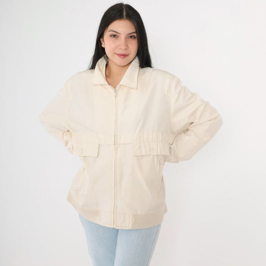 80s Christopher Rand Cream Windbreaker Jacket Plaid Lined Knit Cuff Medium