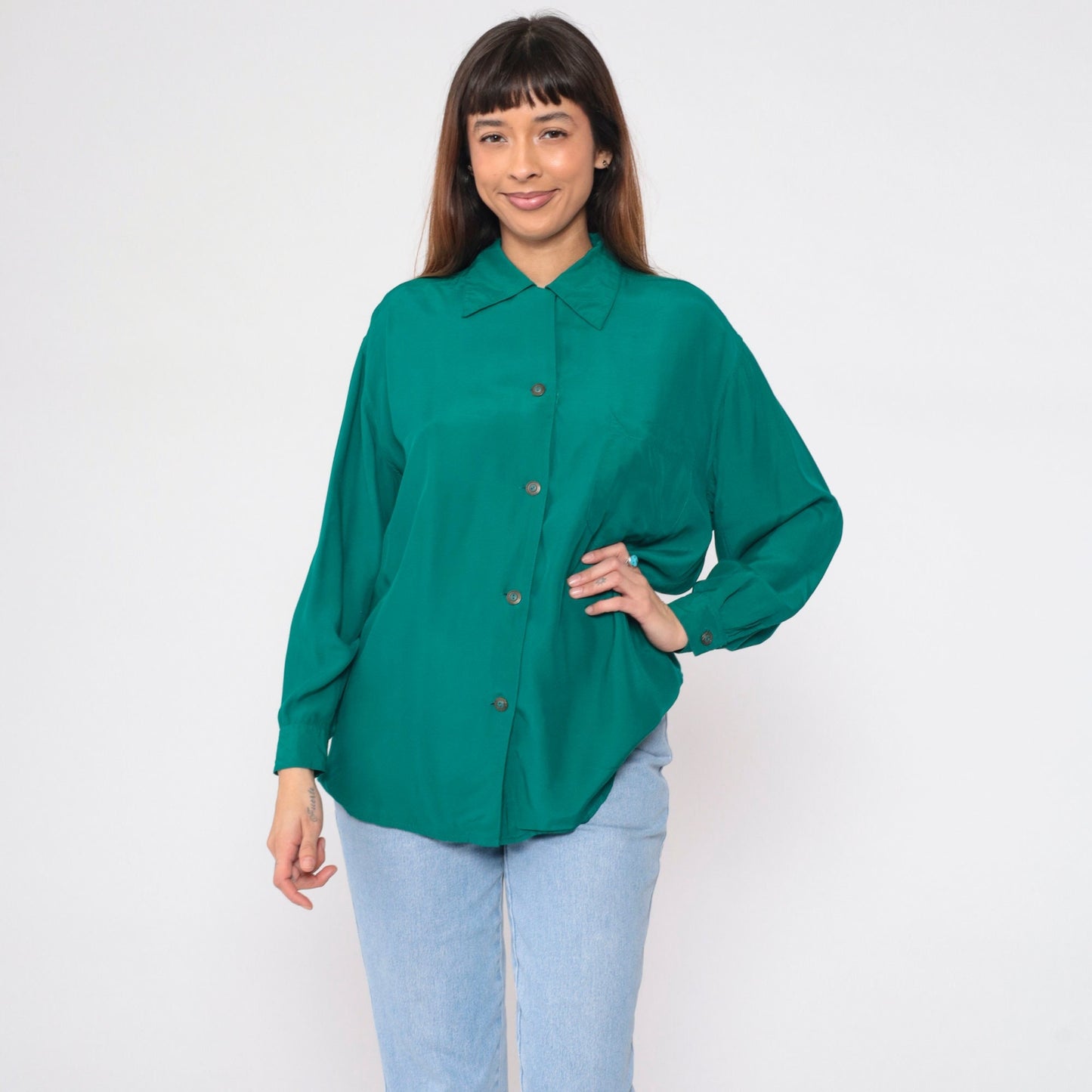 90s Paul Duffier Green Button-Up Blouse Long Sleeve Collared Small