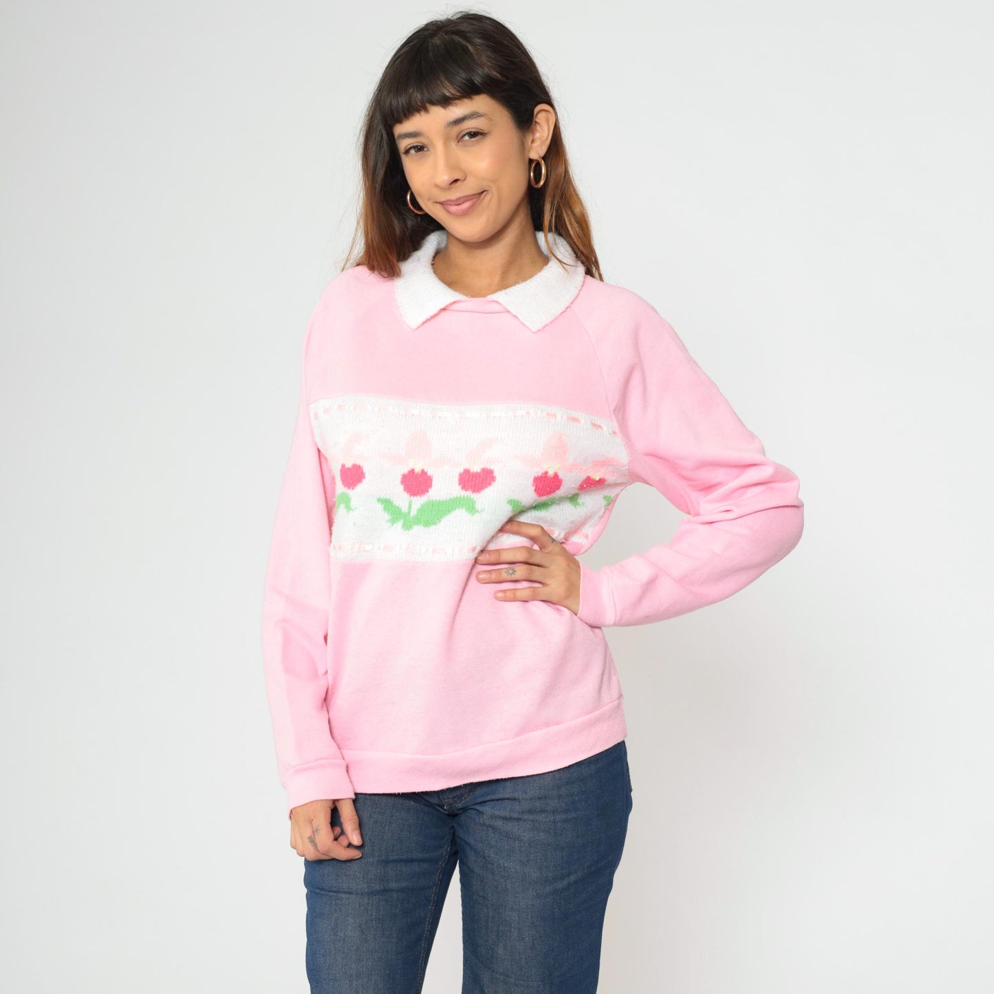 90s Pink Floral Knit Sweatshirt White Collar Raglan Pullover Medium
