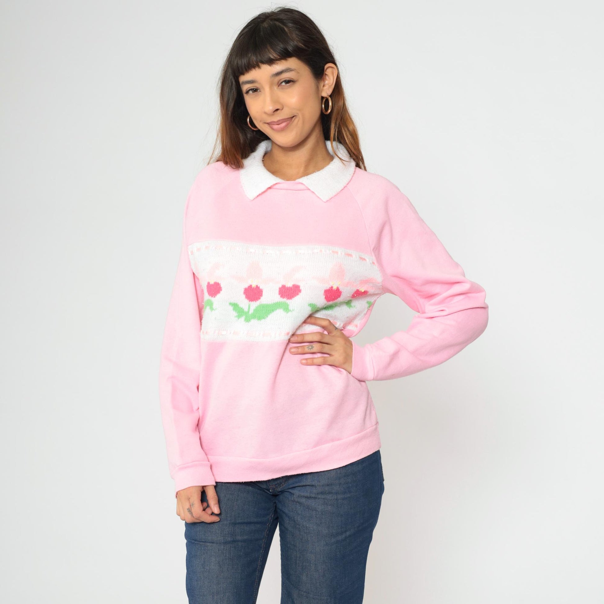 90s Pink Floral Knit Sweatshirt White Collar Raglan Pullover Medium