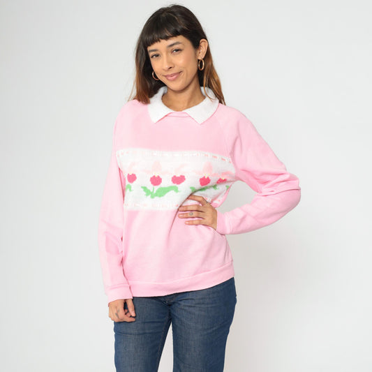 90s Pink Floral Knit Sweatshirt White Collar Raglan Pullover Medium