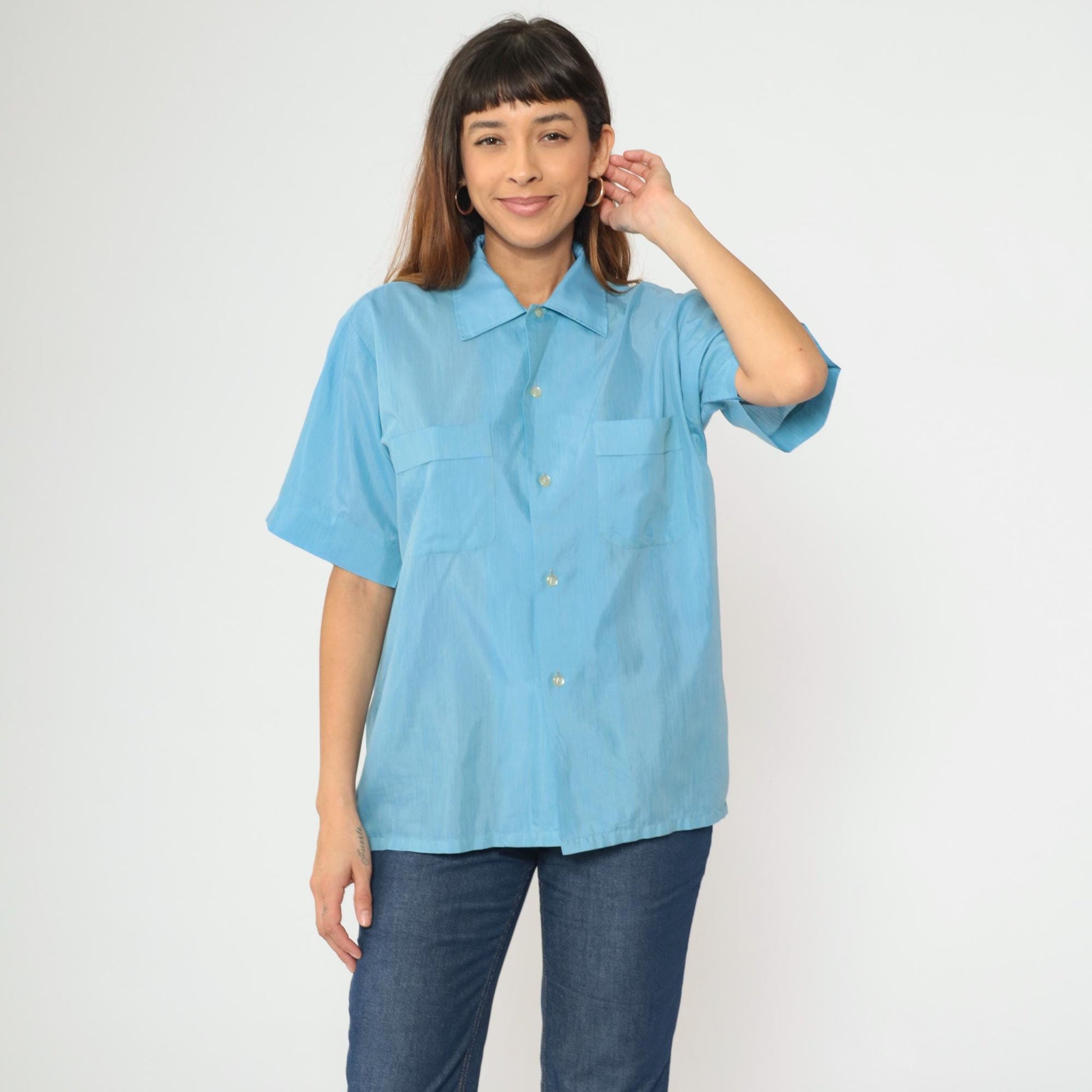 70s Crystalaire Blue Button-Up Shirt Short Sleeve Chest Pocket Men's Medium