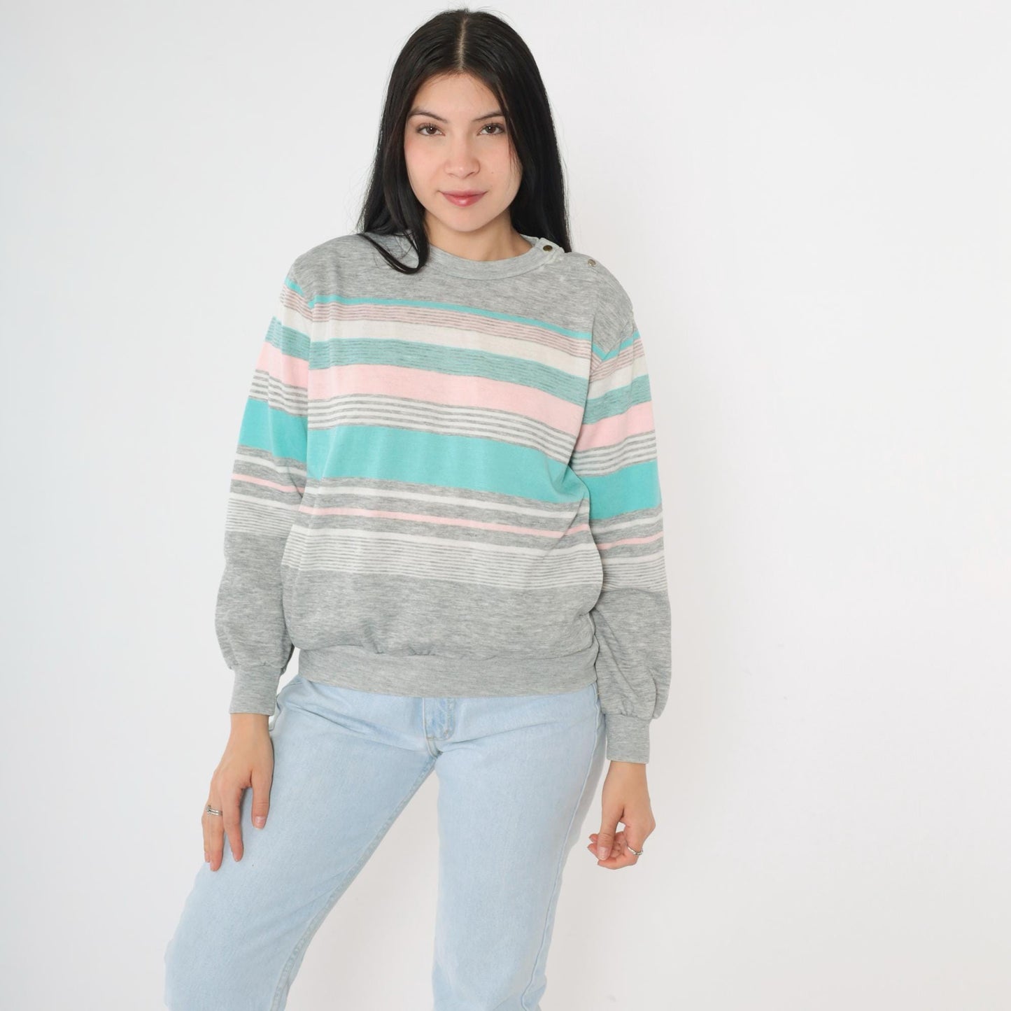 80s Striped Crewneck Sweatshirt Heather Grey Pink Turquoise Snap Shoulder Small