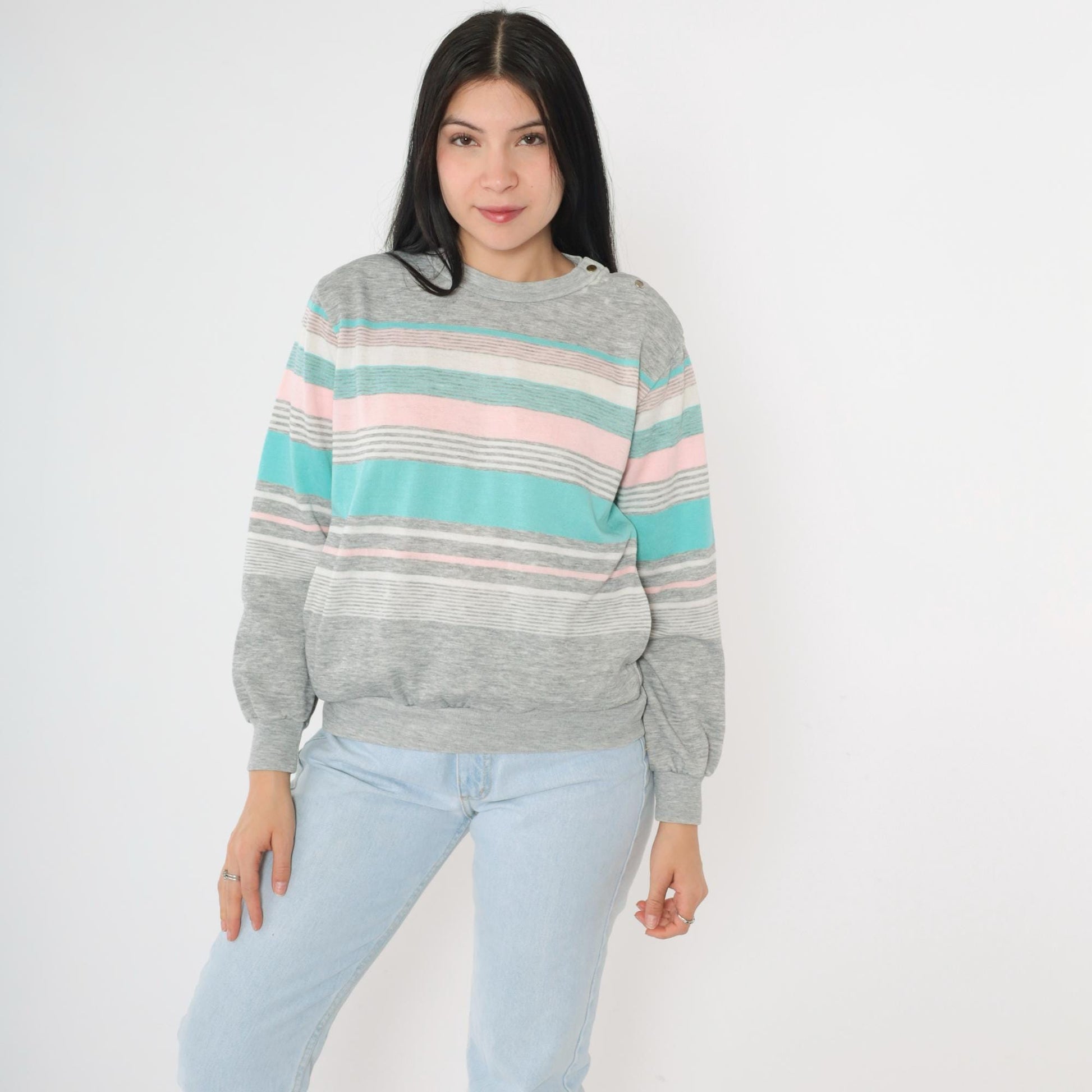 80s Striped Crewneck Sweatshirt Heather Grey Pink Turquoise Snap Shoulder Small