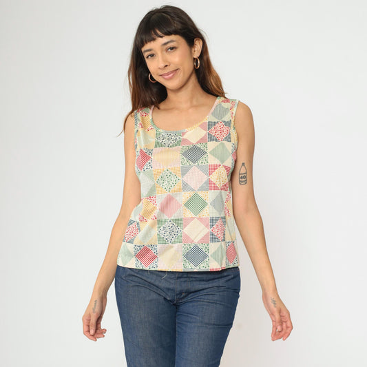 70s Patchwork Floral Tank Top Checkered Print Sleeveless Medium Large