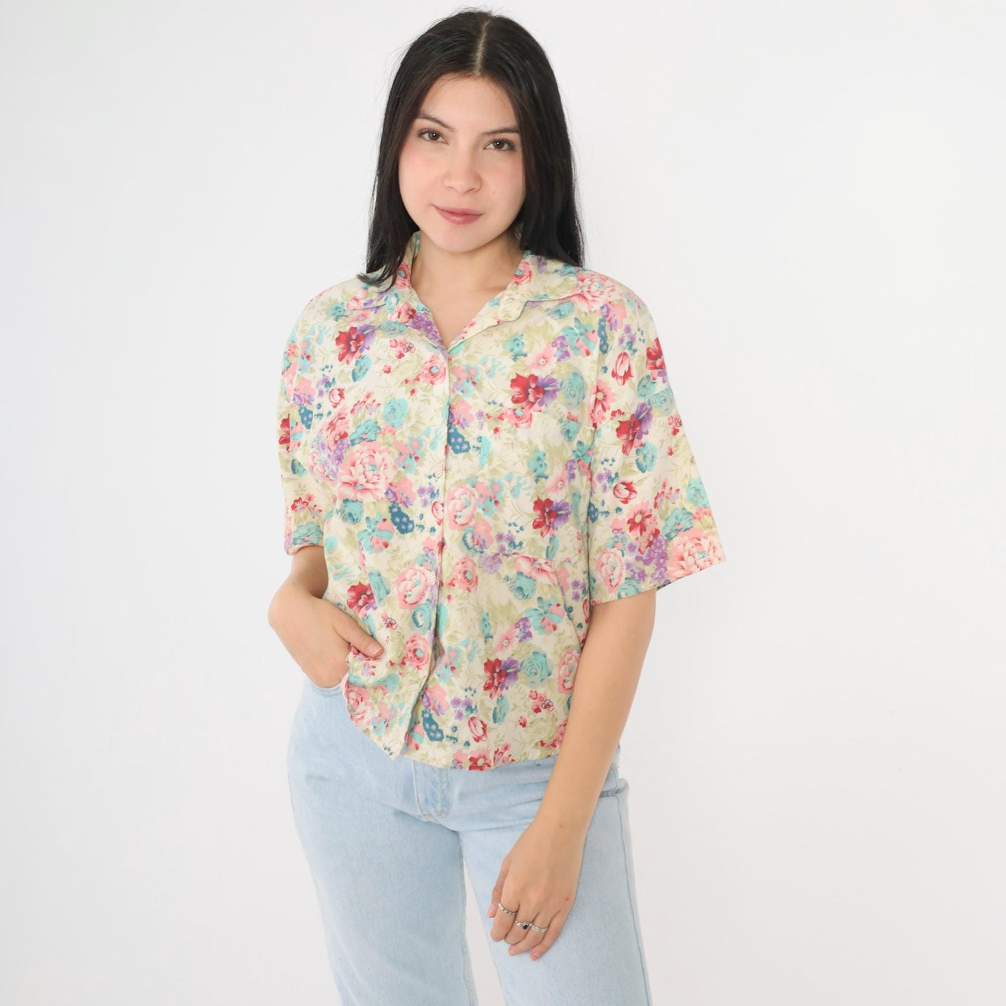 90s Judy Knapp Floral Button Up Blouse Pearl Cluster Off-White Pink Blue Small