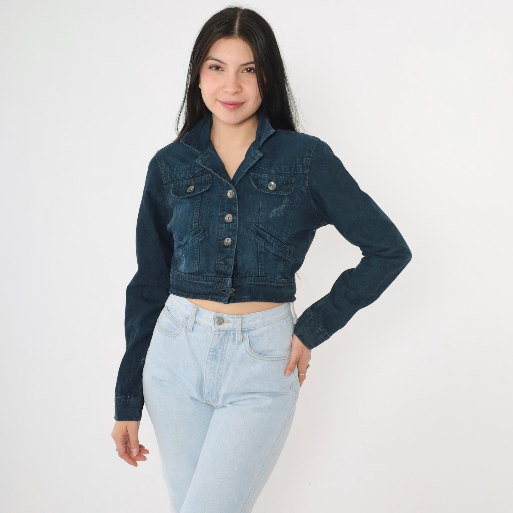 L.E.I. Cropped Dark Denim Jacket Y2K Button Front Fitted Small