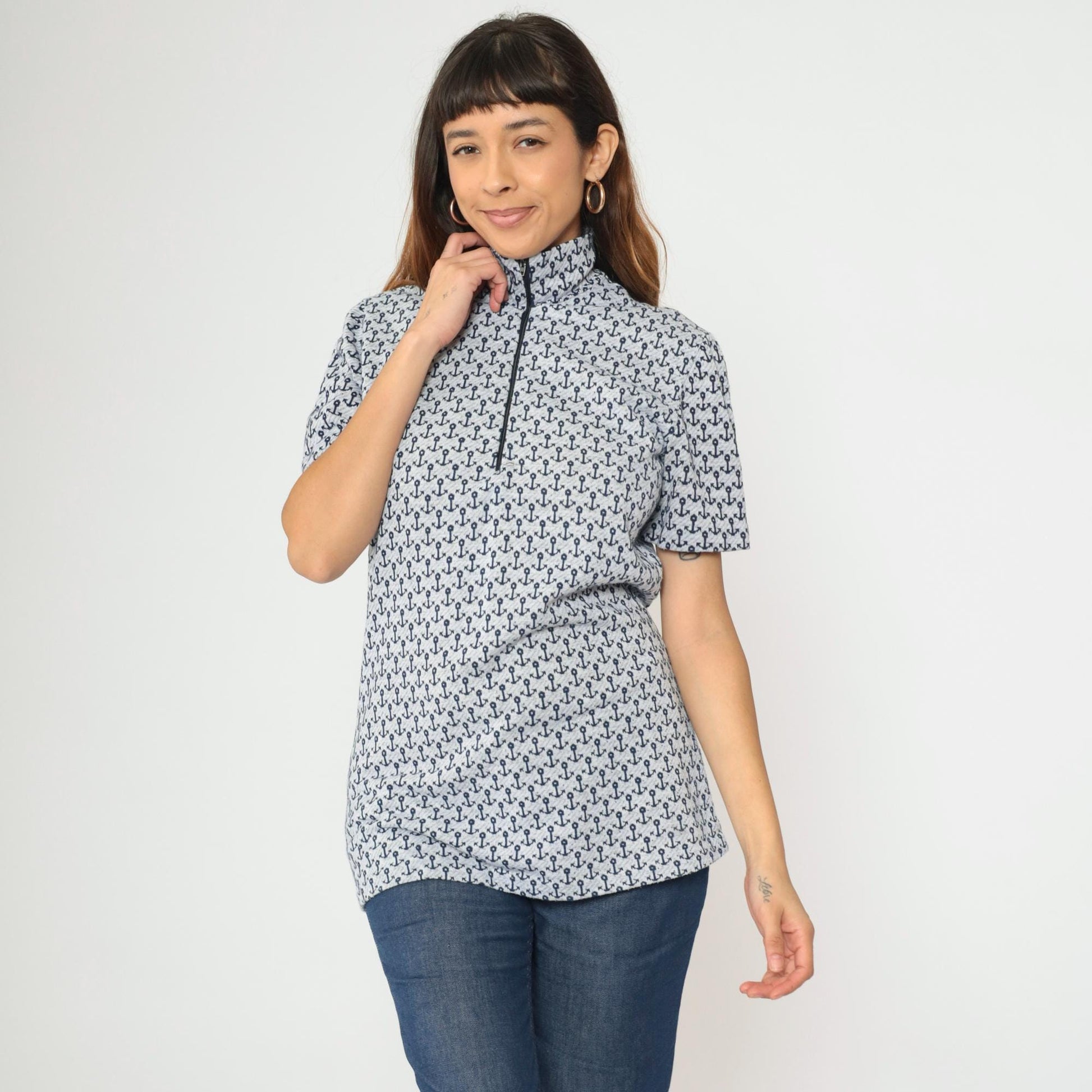 70s Nautical Anchor Print Quarter Zip Collared Top Blue Short Sleeve Medium Tall