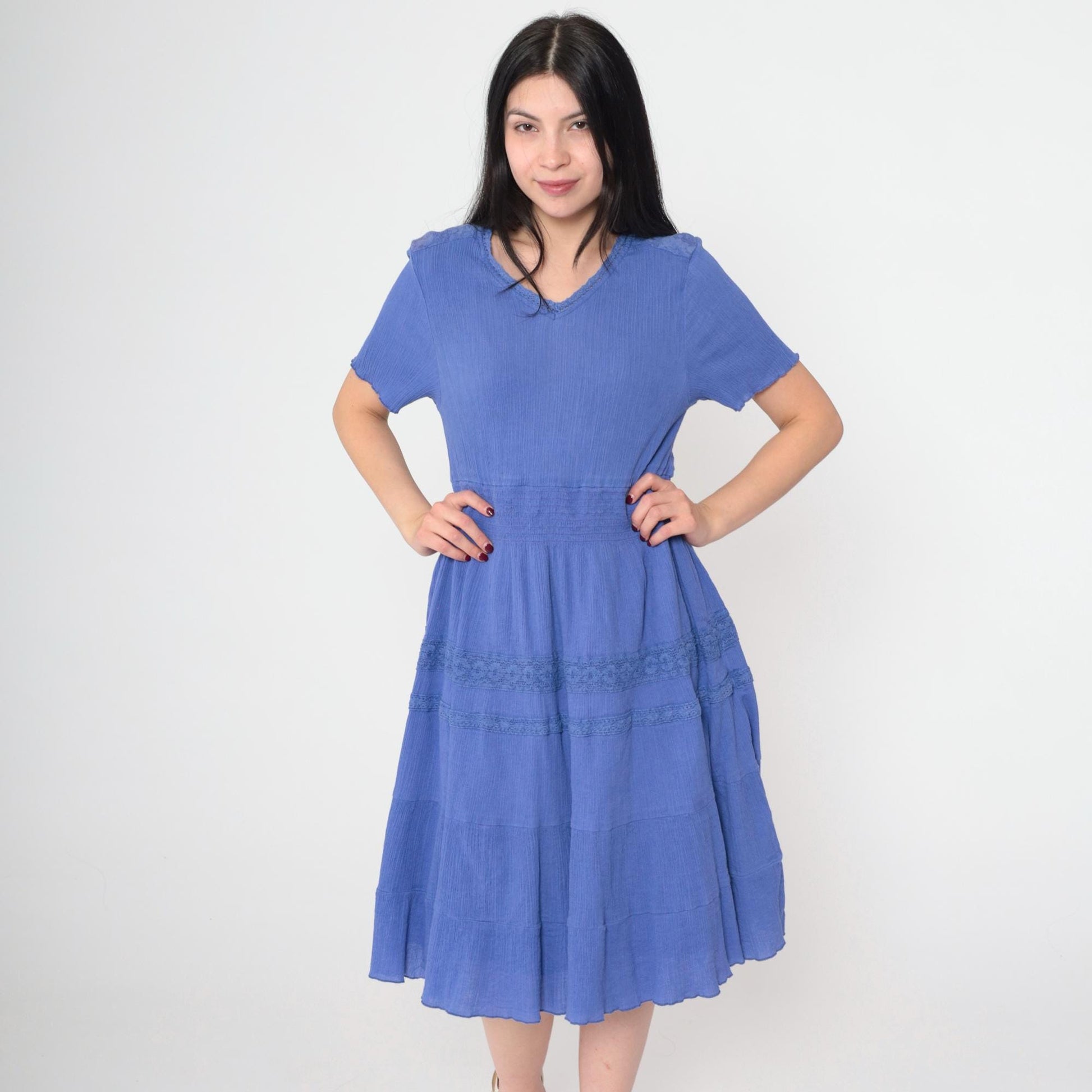 Y2K Blue Midi Dress Tiered Lace Trim V-Neck Short Sleeve Medium M