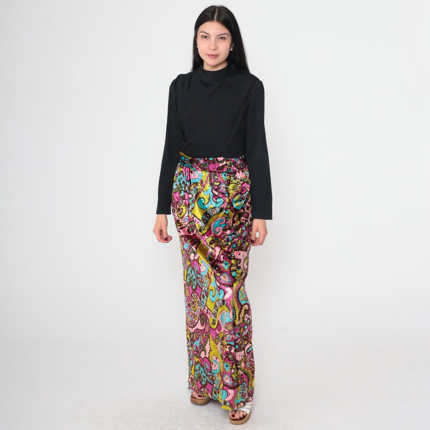 70s Psychedelic Velvet Paisley Maxi Dress Black High Waist Long Sleeve Front Slit Small