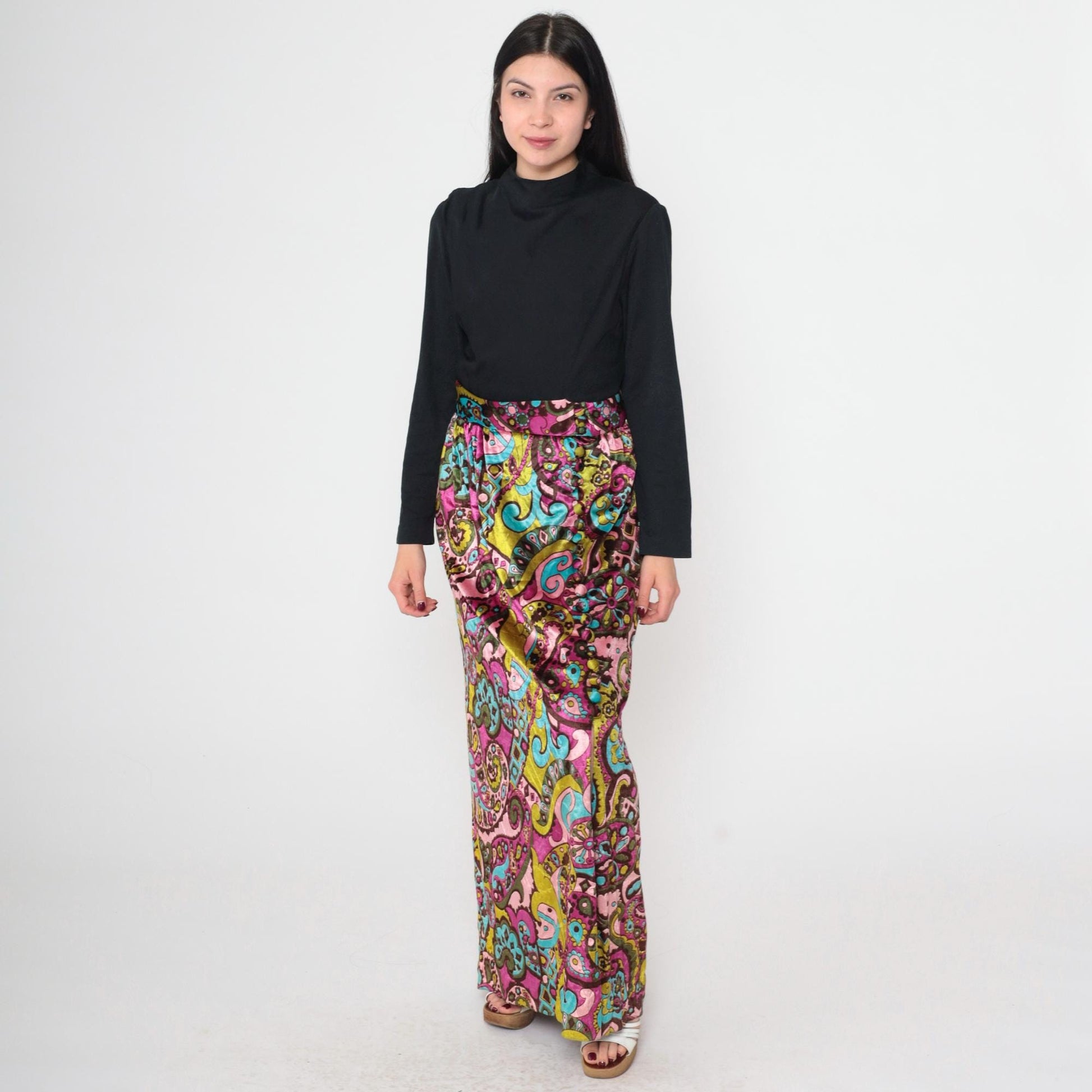 70s Psychedelic Velvet Paisley Maxi Dress Black High Waist Long Sleeve Front Slit Small