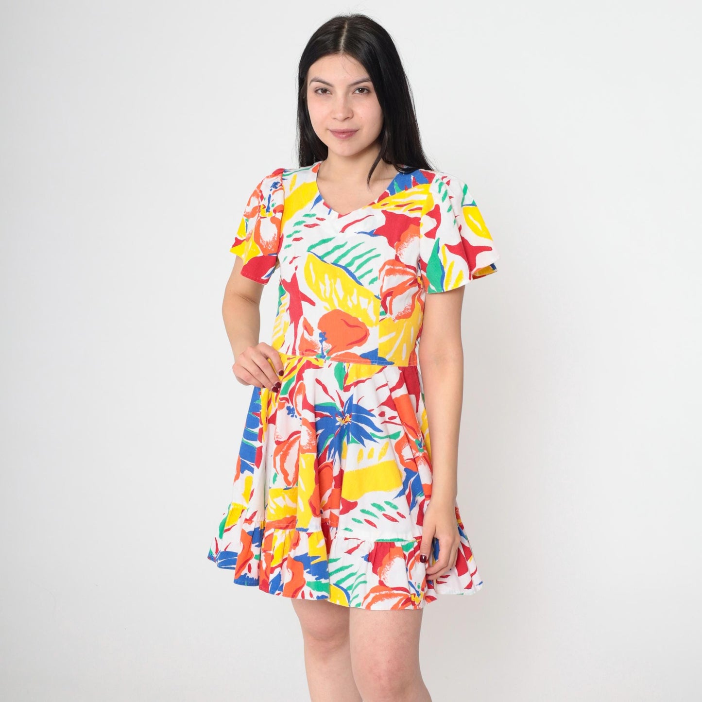 80s Floral Mini Dress Abstract Print Puff Sleeve Fit and Flare Small
