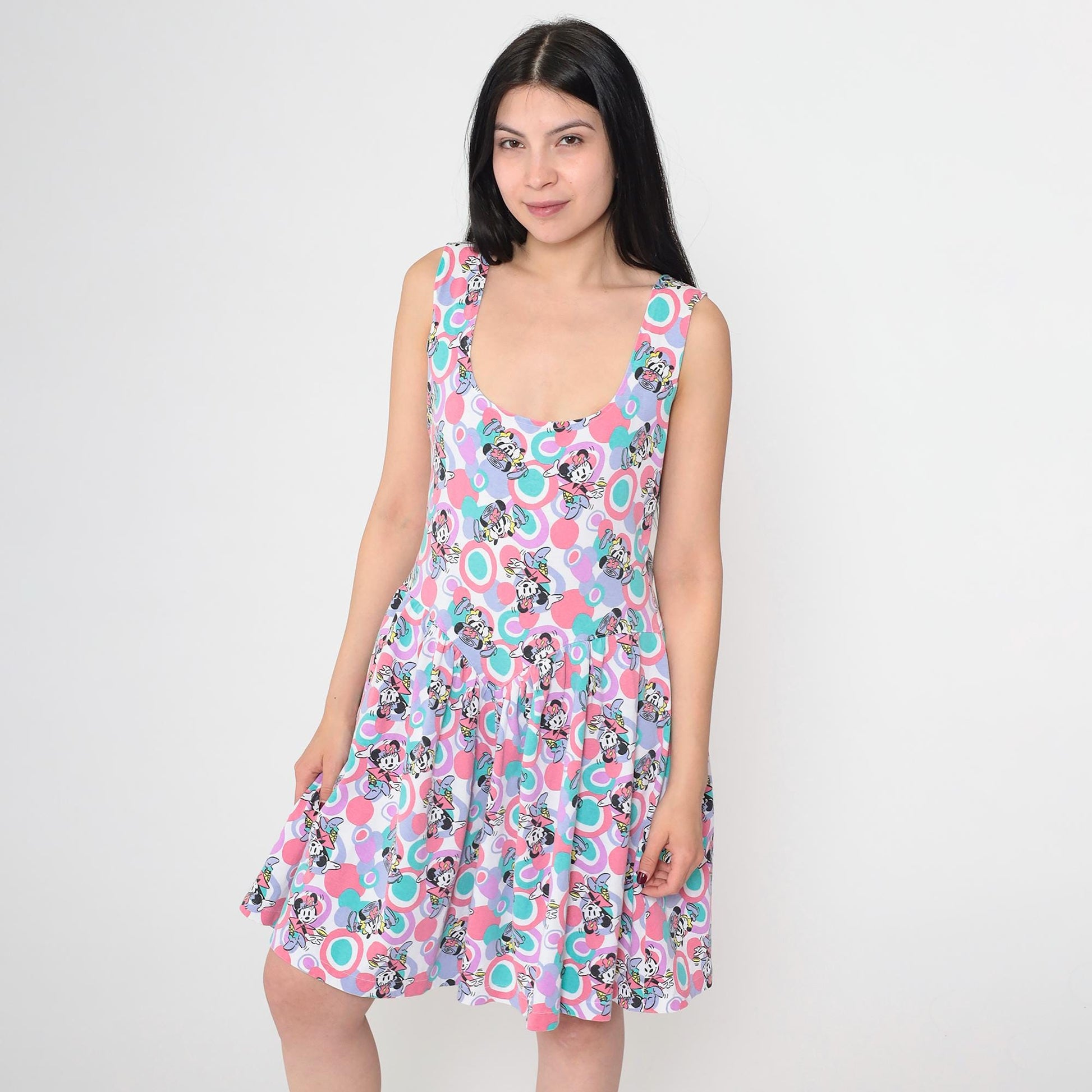 90s Disney Minnie Mouse Tank Dress Circle Print Pink Teal Lavender Small Medium