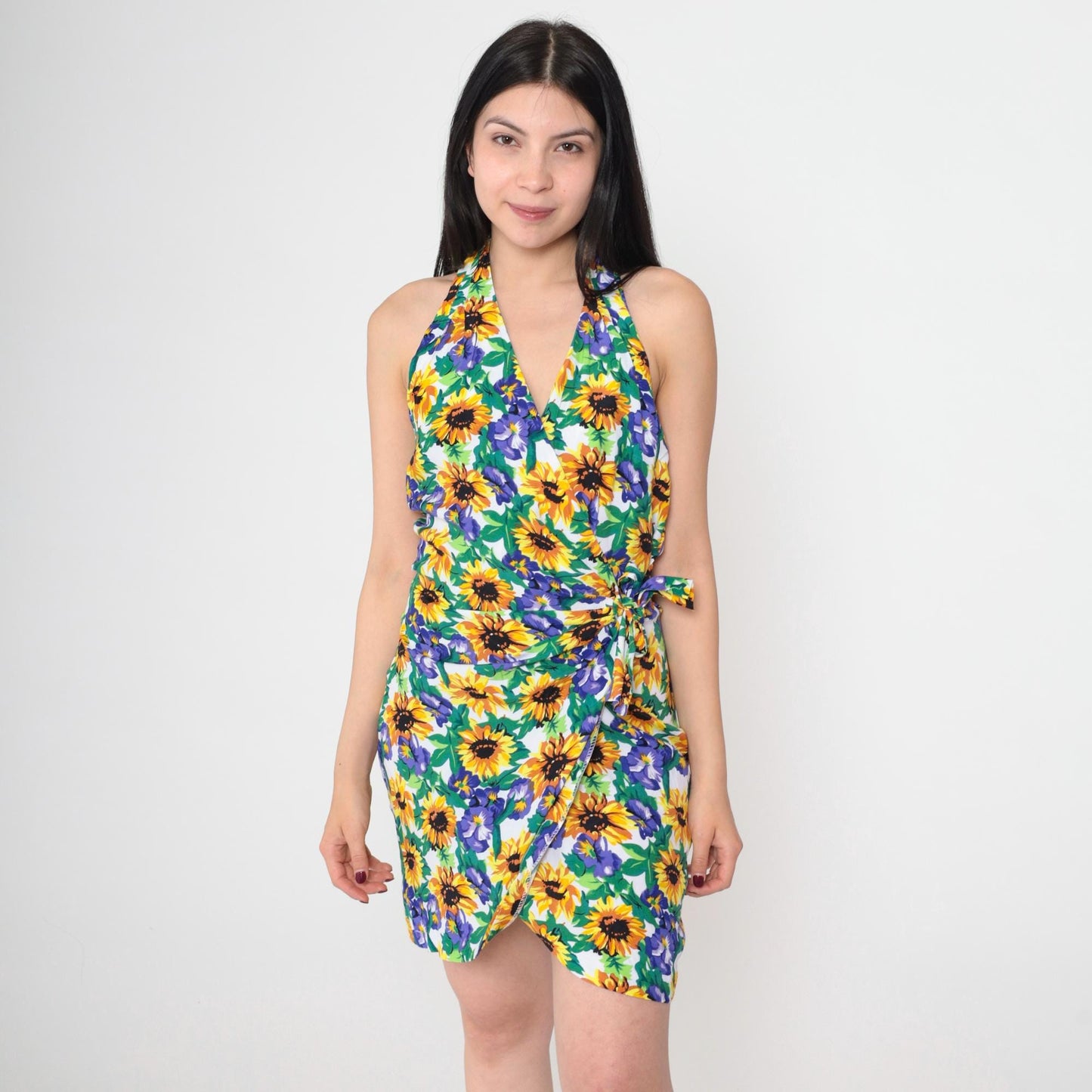 90s Fredericks of Hollywood Floral Halter Mini Dress Sunflower Wrap Medium