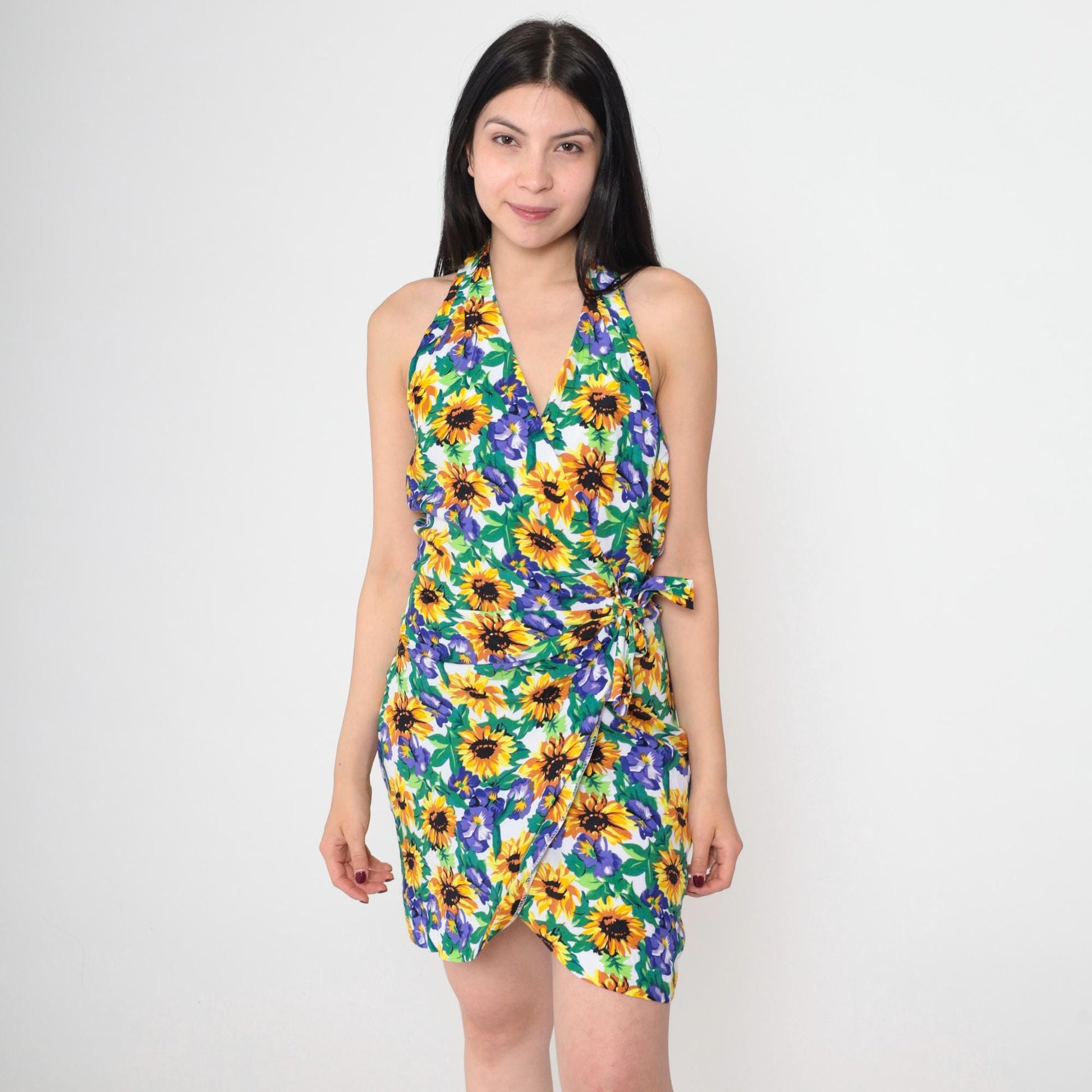 90s Fredericks of Hollywood Floral Halter Mini Dress Sunflower Wrap Medium
