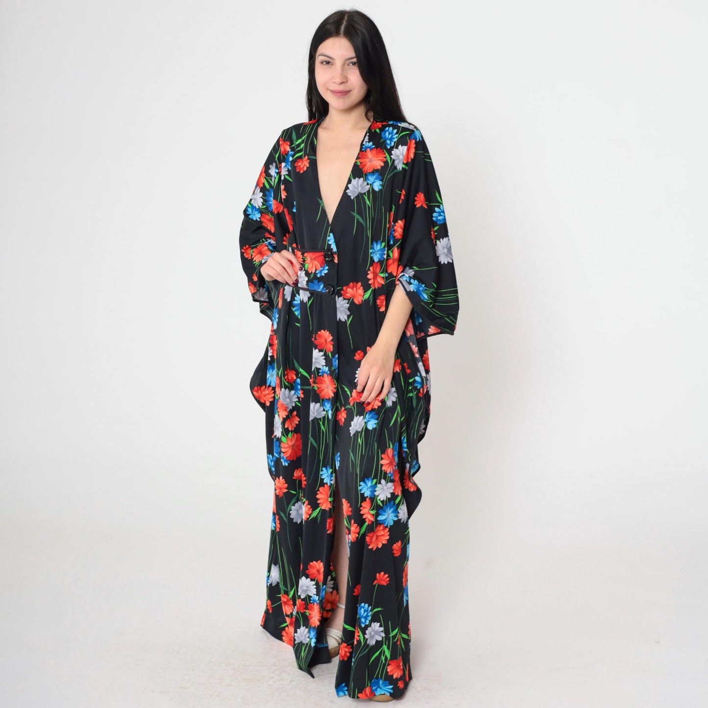 70s Black Floral Maxi Dress Kimono Sleeve Button Front Slit One Size