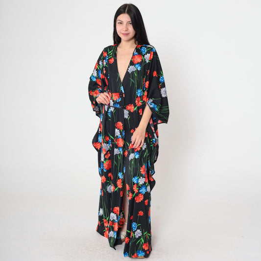 70s Black Floral Maxi Dress Kimono Sleeve Button Front Slit One Size