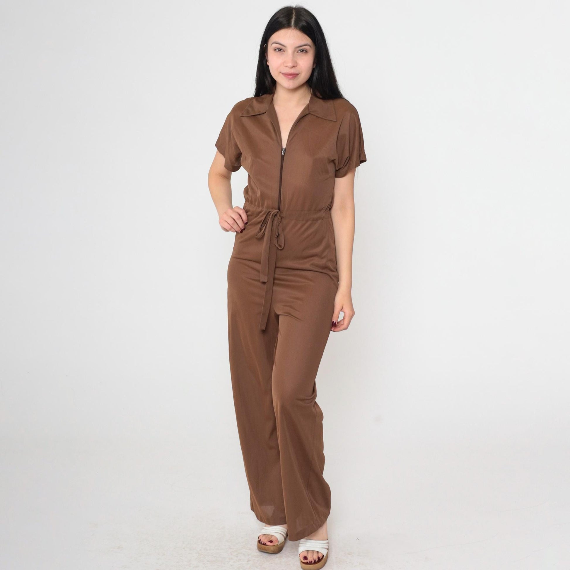 70s Brown Nylon Jumpsuit Wide Leg High Waist Zip Front Short Sleeve Extra Small