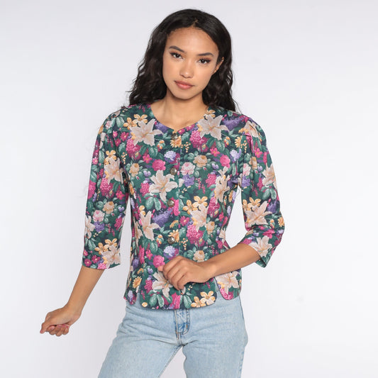 80s Floral Puff Sleeve Button-Up Blouse Polyester Medium