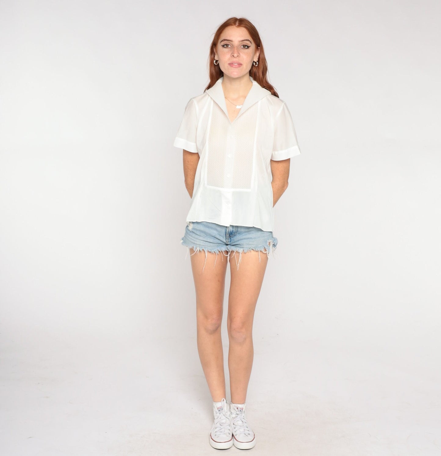 60s White Nylon Sheer Blouse Button-Up Short Sleeve Collar Top Medium
