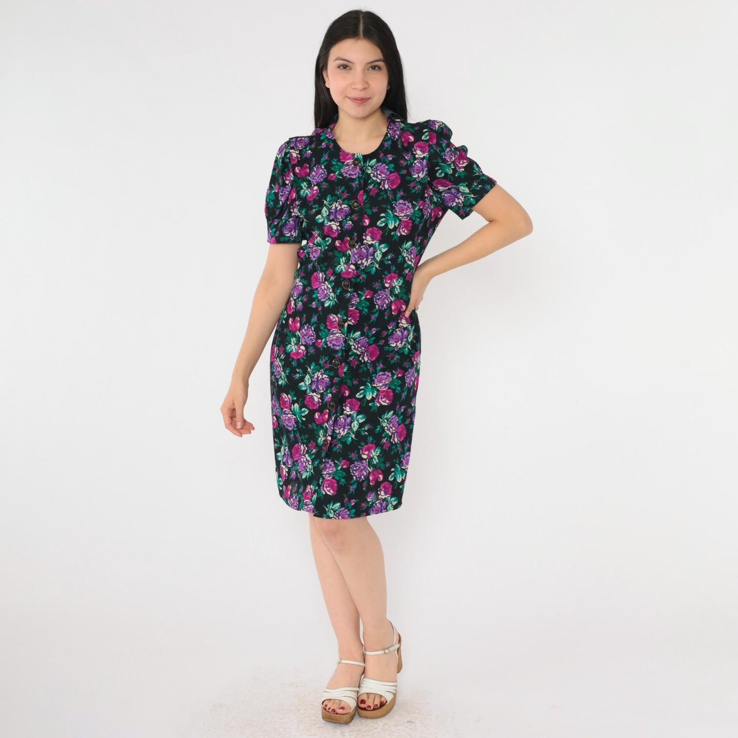80s Floral Sheath Dress Puff Sleeve Black Purple Rose Mini Button Up Small