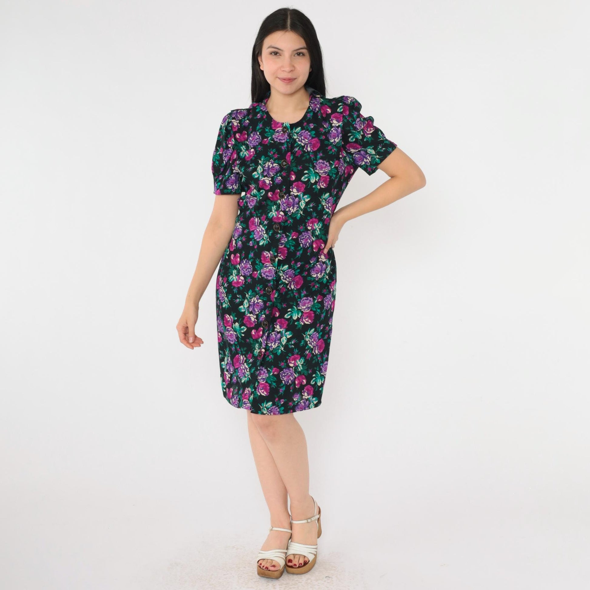 80s Floral Sheath Dress Puff Sleeve Black Purple Rose Mini Button Up Small
