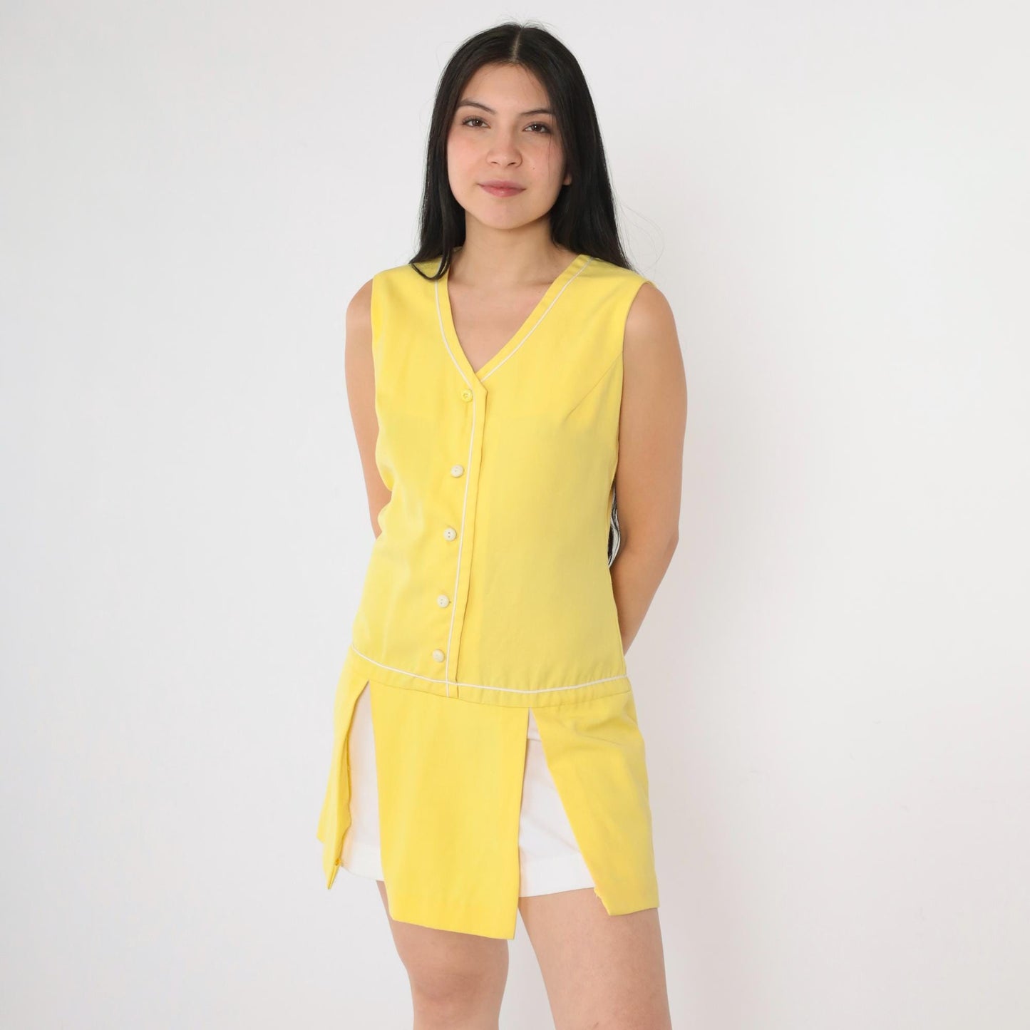 1960s Mod Yellow Mini Dress Drop Waist Button Front White Piping Small S