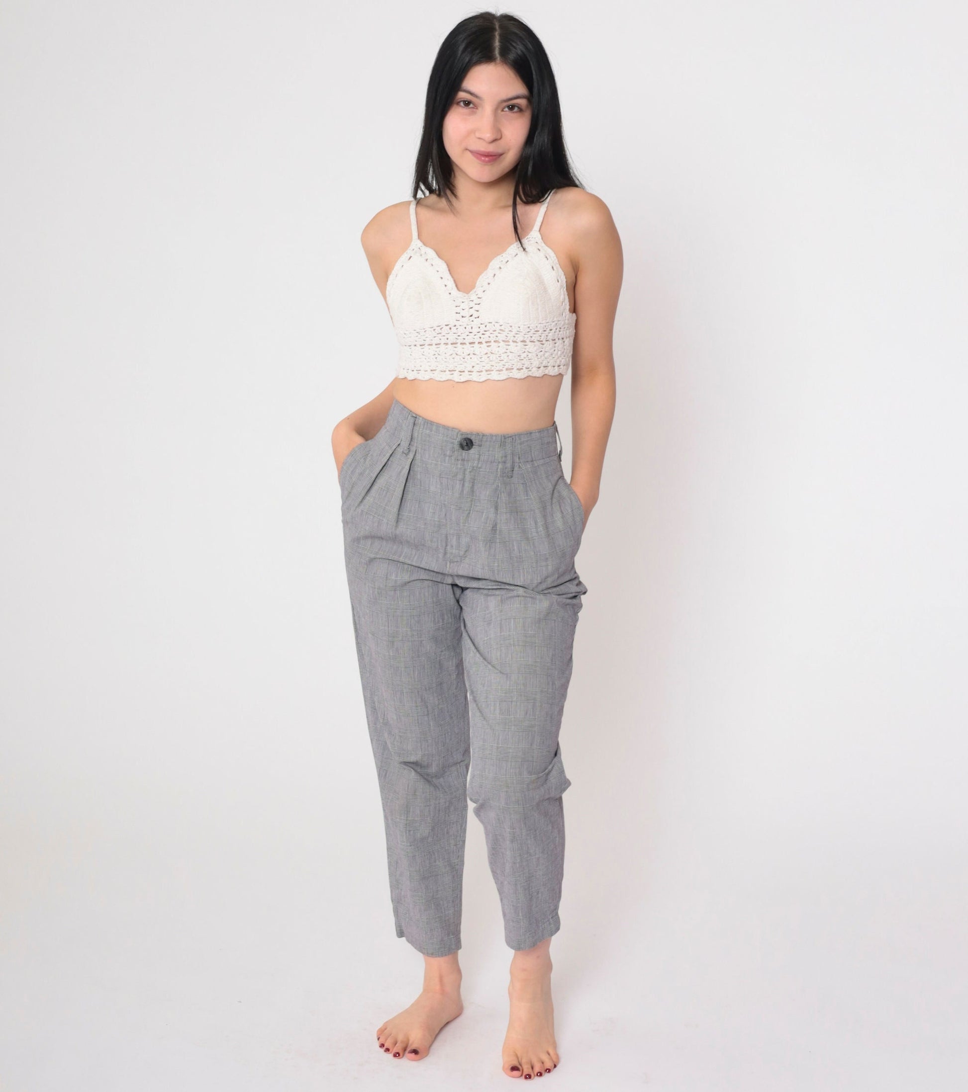 90s Calvin Klein Sport Grey Plaid Tapered Trousers High Waist Pleated Small