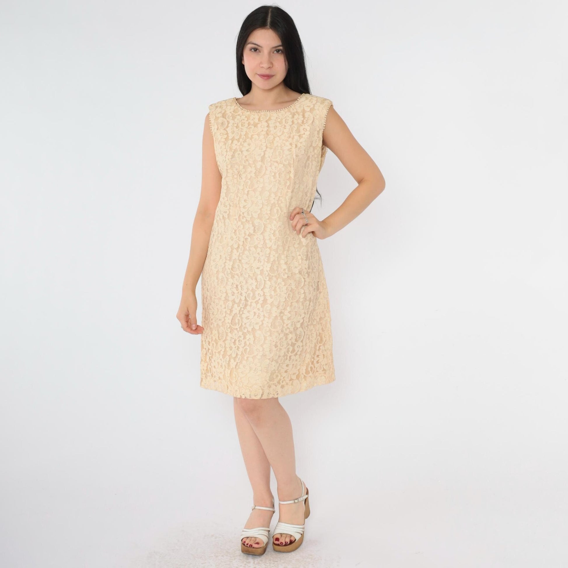 1960s Cream Lace Mini Dress Sleeveless A-Line Cocktail Medium M
