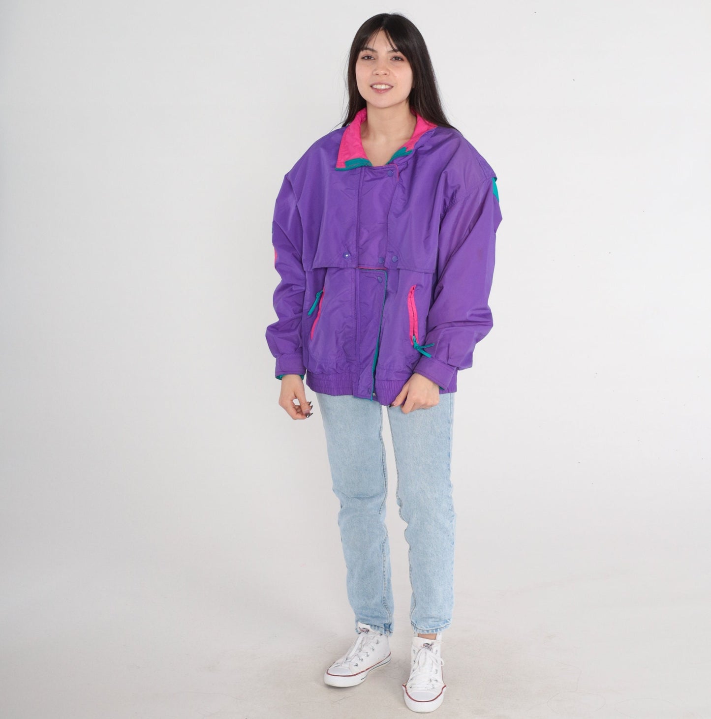 90s Cabin Creek Purple Puffer Ski Jacket Nylon Pink Green Trim Large L