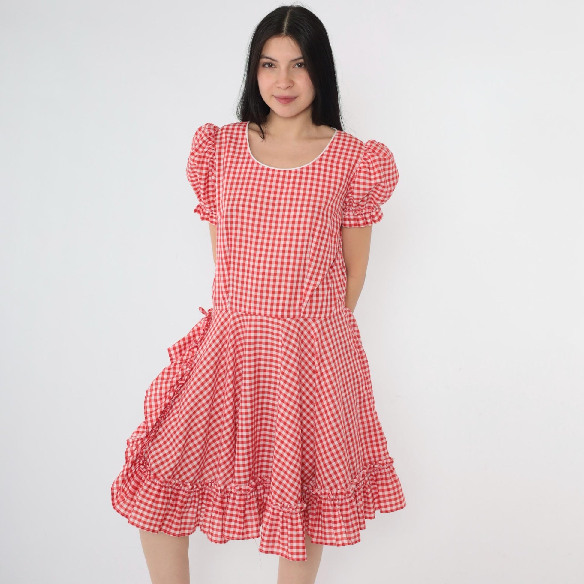 80s Red Gingham Square Dance Dress Puff Sleeve Eyelet Lace Midi Medium