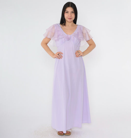 70s Lavender Organza Maxi Dress Flutter Sleeve Empire Waist Open Back Small