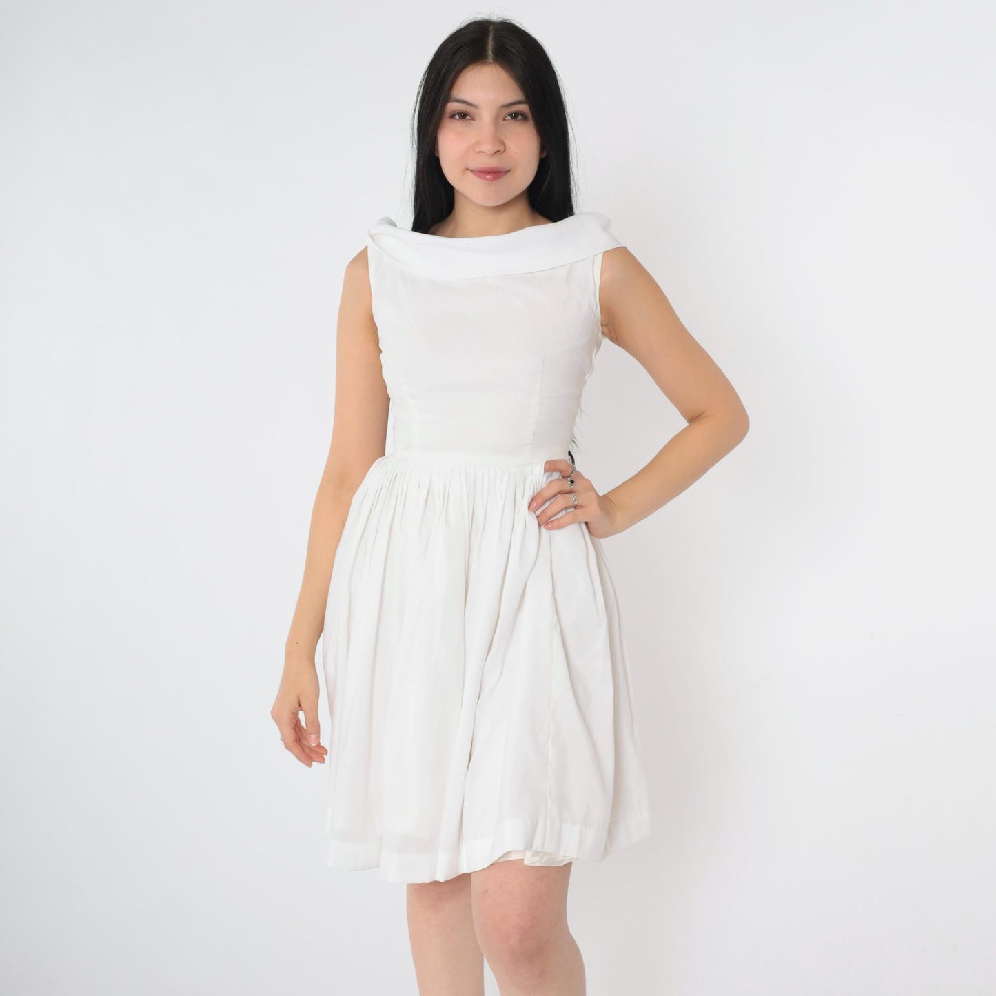 60s White Pleated Mini Dress High Waist Tie Back Skater Sleeveless Extra Small