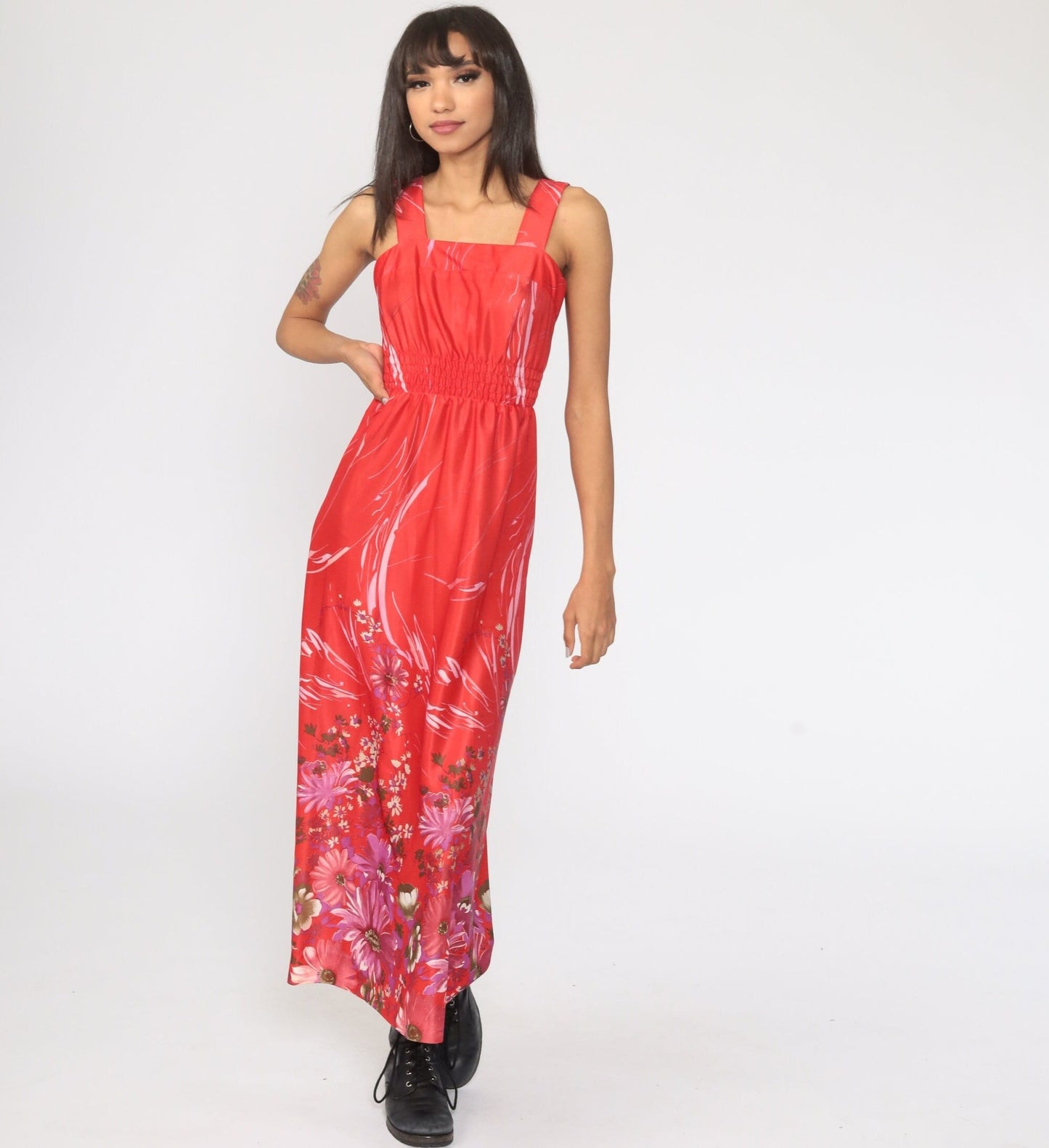 70s Floral Maxi Sundress Smocked Waist Spaghetti Strap Red Extra Small
