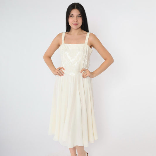 80s Ivory Jacquard Midi Dress Sleeveless Square Neck Basque Waist Small