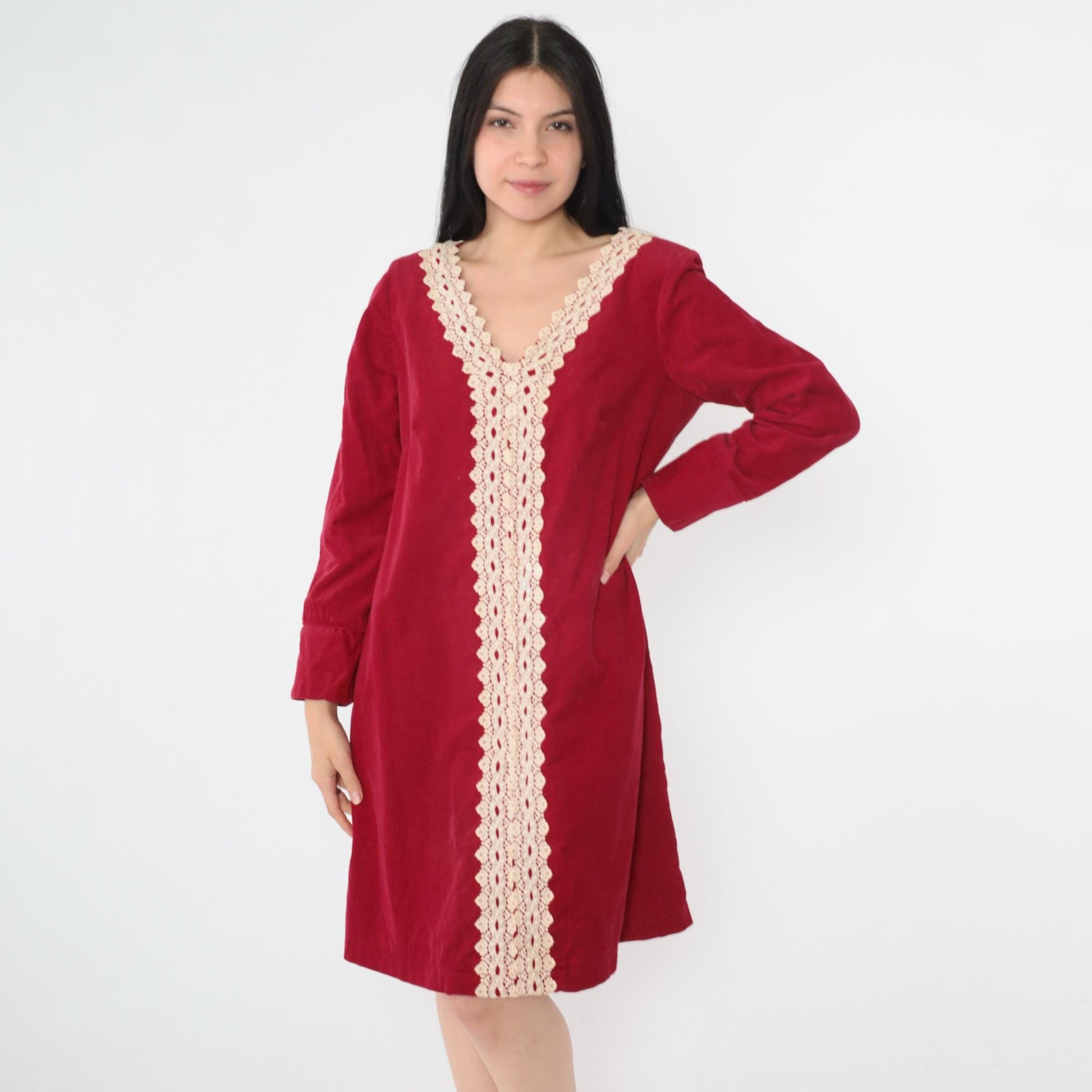 60s Carol of Mary Red Corduroy Shift Dress Cream Lace Trim V-Neck Mini Medium M