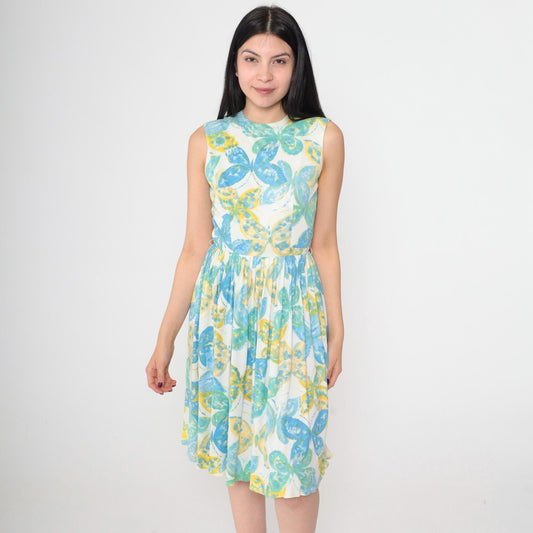1960s Butterfly Print Mod Mini Dress White High Waist Sleeveless Extra Small