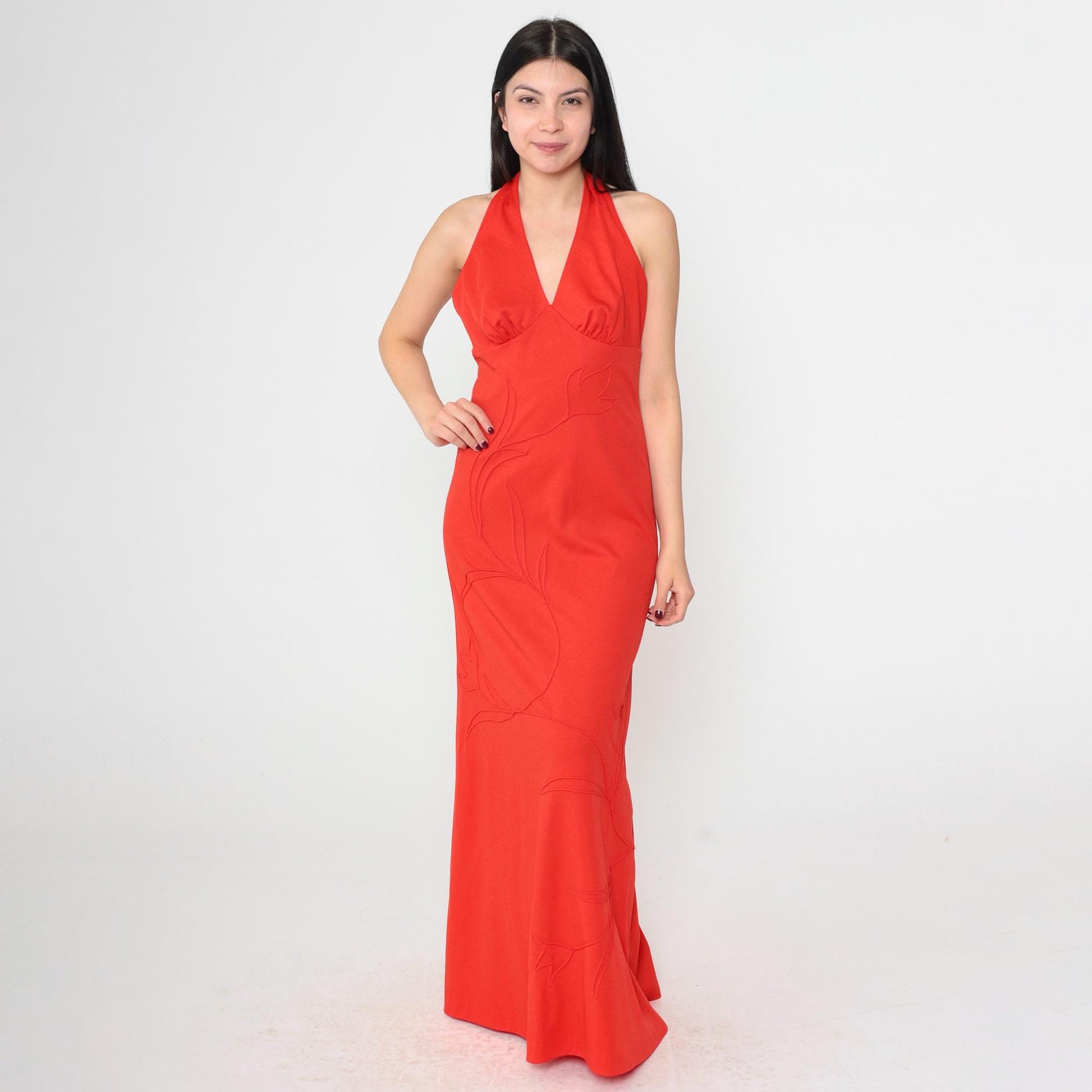 70s Red Halter Maxi Dress Deep V Neck Backless Empire Waist Small