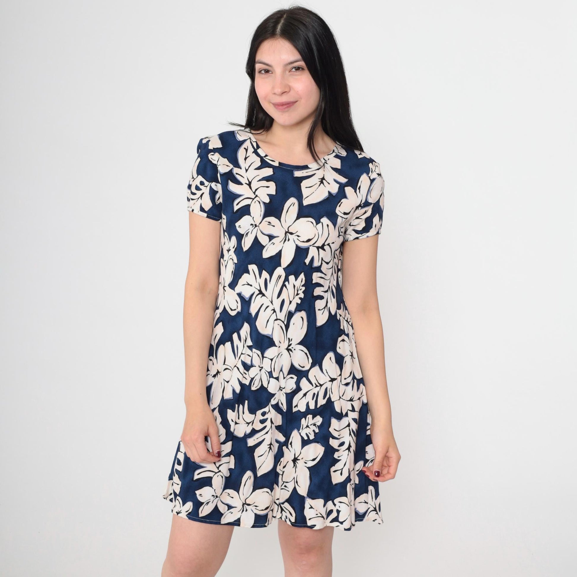 90s K.C. Spencer Tropical Floral Mini Dress Blue Shift Short Sleeve Medium