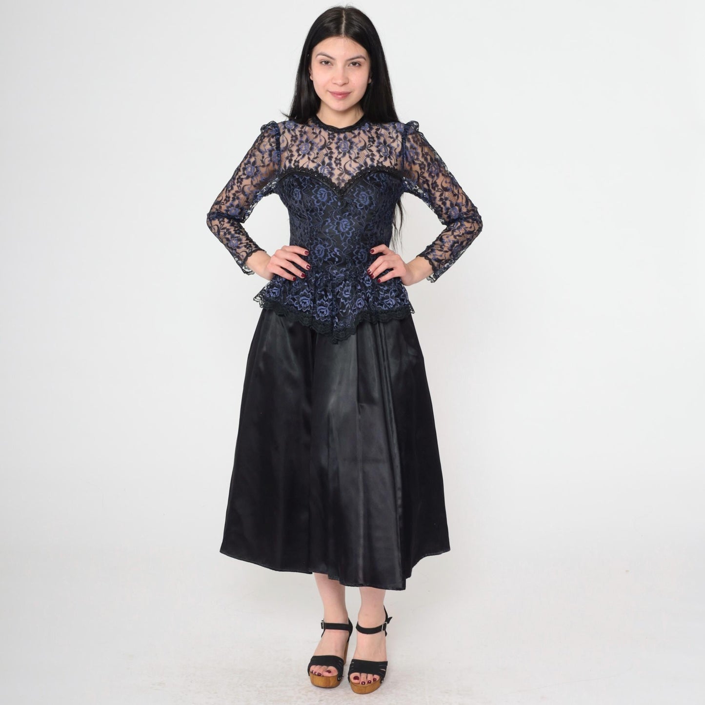 80s Gunne Sax Black Lace Midi Dress Sweetheart Neckline Peplum Extra Small