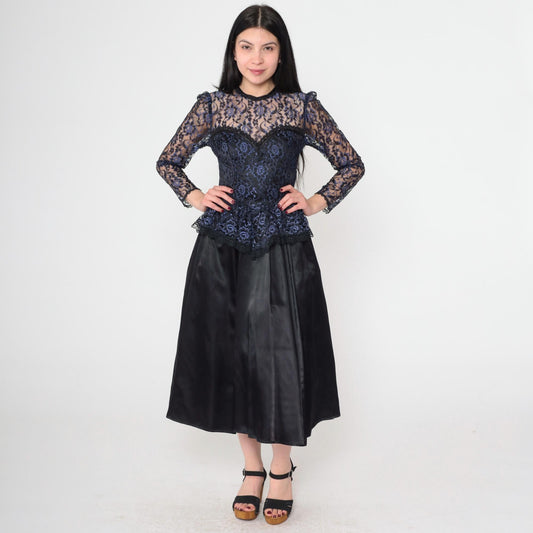 80s Gunne Sax Black Lace Midi Dress Sweetheart Neckline Peplum Extra Small