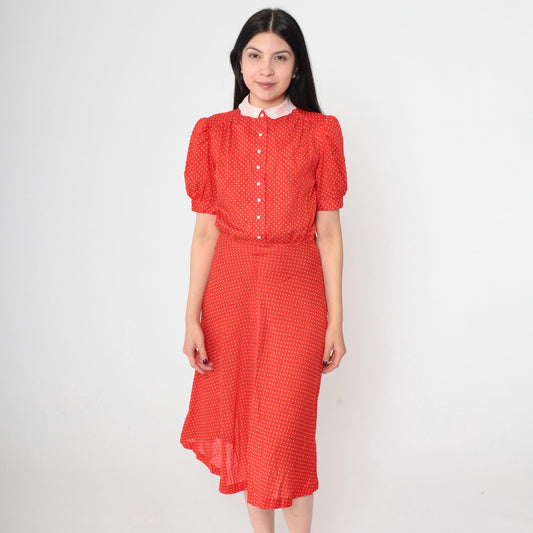 80s Red Polka Dot Midi Dress Peter Pan Collar Puff Sleeve High Waist Extra Small